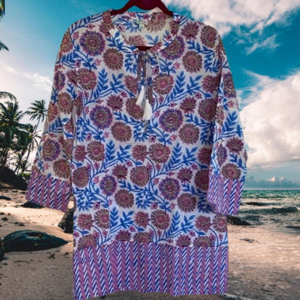 J.Crew Floral Tassel Beach Tunic Blue Pink Boho Cover Up Cotton Small NWT